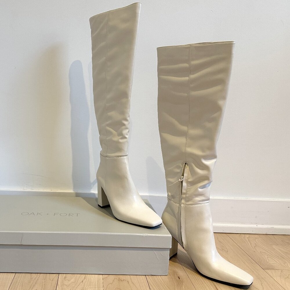 Oak + Fort White Knee-High Heeled Boot, Size 8
